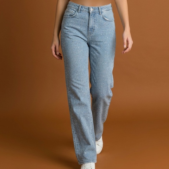 Zara Denim - Zara high-waisted rhinestone blinged light-wash jeans